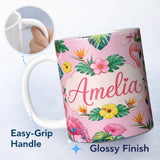 Personalized Custom Name Tropical Flamingo Bird with Exotic Flowers Leaves Pattern Soft Pink 11oz Ceramic Coffee Tea Mug White Large Handle