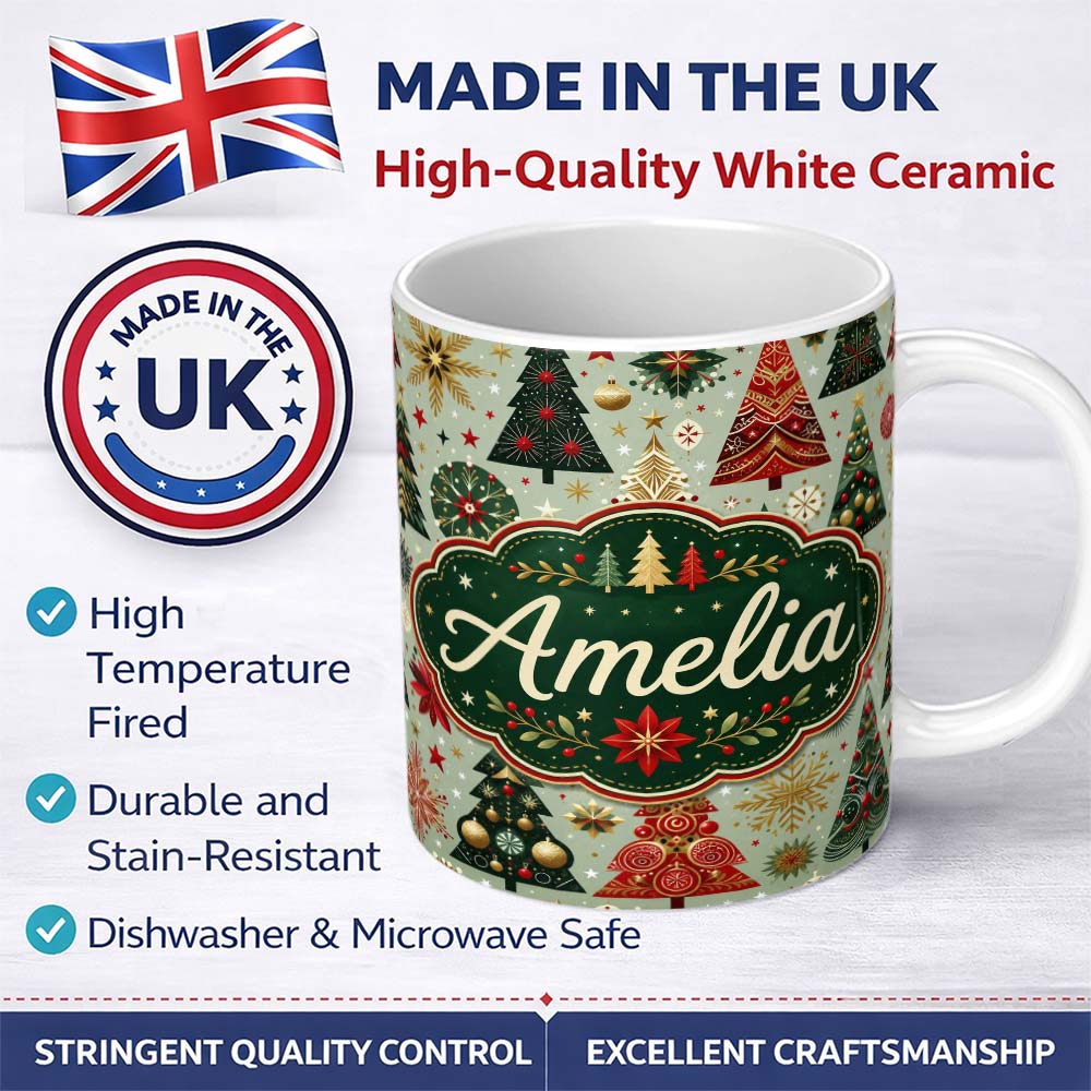 Personalized Custom Name Elegant Festive Christmas Trees Snowflakes Gold Red Holiday Seamless 11oz Ceramic Coffee Tea Mug White Large Handle