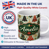 Personalized Custom Name Elegant Festive Christmas Trees Snowflakes Gold Red Holiday Seamless 11oz Ceramic Coffee Tea Mug White Large Handle