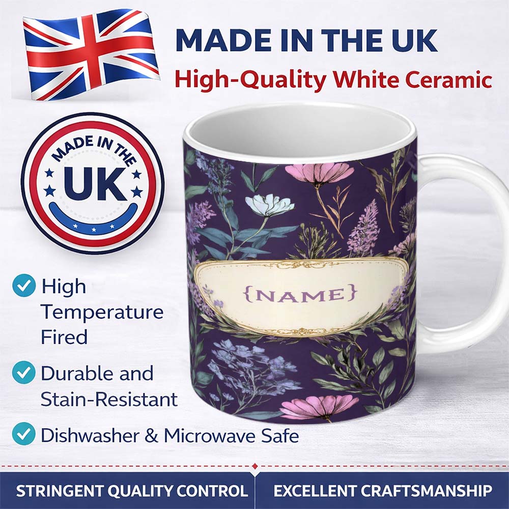 Personalized Custom Name Elegant Tropical Floral Leaves Blue Background Seamless Pattern 11oz Ceramic Coffee Tea Mug White Large Handle
