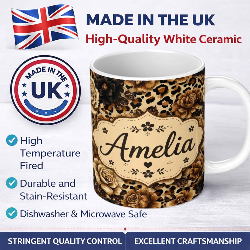 Personalized Custom Name Vintage Floral and Leopard Print in Neutral Beige and Black Tones 11oz Ceramic Coffee Tea Mug White Large Handle