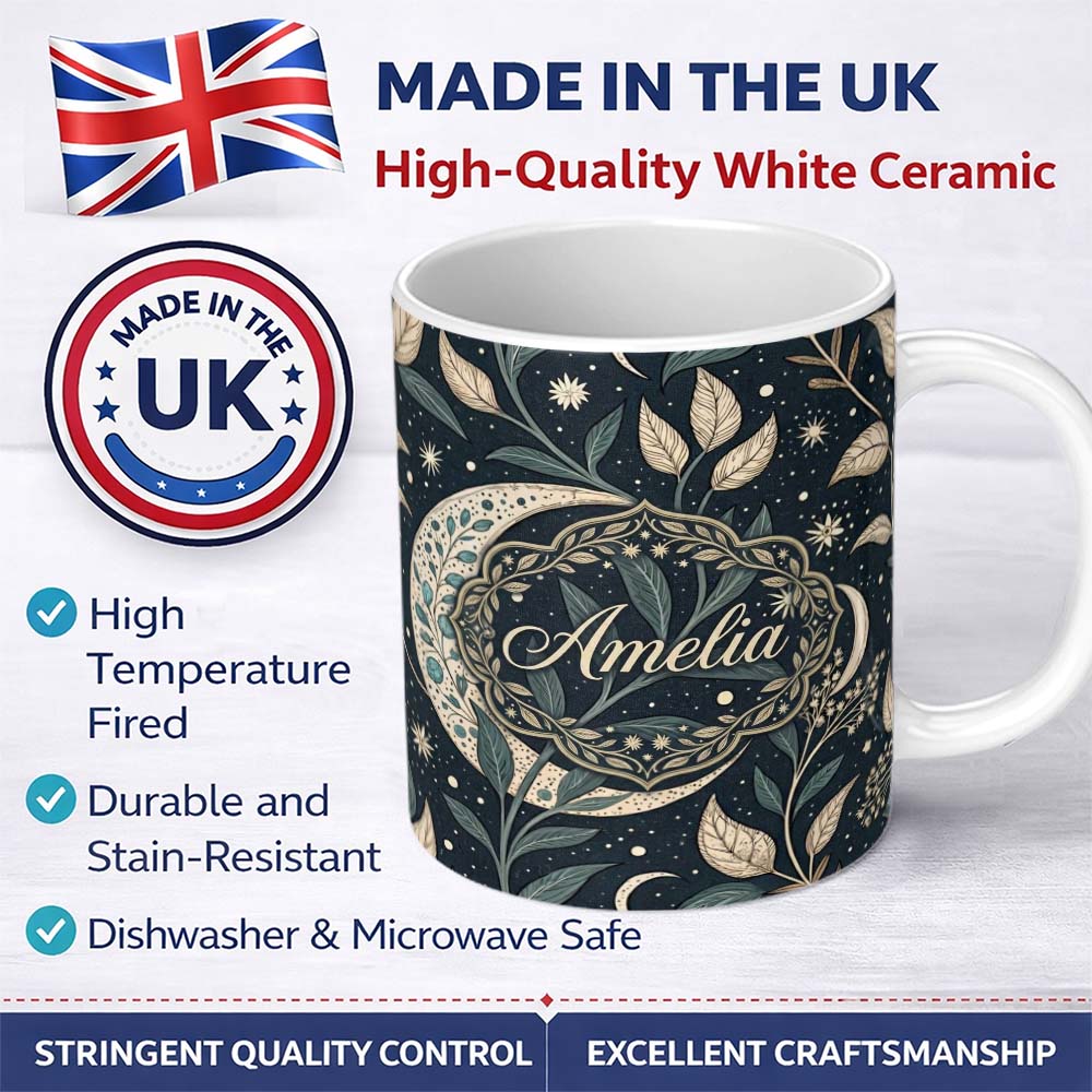 Personalized Custom Name Botanical Crescent Moon Leaves Starry Night Seamless Pattern Lovely 11oz Ceramic Coffee Tea Mug White Large Handle