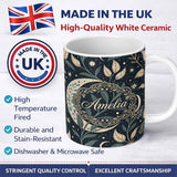 Personalized Custom Name Botanical Crescent Moon Leaves Starry Night Seamless Pattern Lovely 11oz Ceramic Coffee Tea Mug White Large Handle