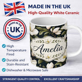 Personalized Custom Name White Magnolia Floral Design on Dark Background Seamless Pattern 11oz Ceramic Coffee Tea Mug White Large Handle