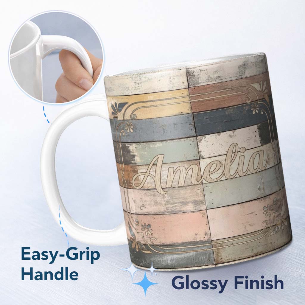 Personalized Custom Name Pastel Painted Wooden Plank Shabby Chic Seamless Pattern Lovely 11oz Ceramic Coffee Tea Mug White Large Handle