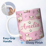 Personalized Custom Name Cute Alpaca Llama Pattern with Floral Sprigs on Pink Background 11oz Ceramic Coffee Tea Mug White Large Handle