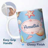 Personalized Custom Name Cute Kawaii Sea Turtle Starfish Shells Ocean Friends Blue Background 11oz Ceramic Coffee Tea Mug White Large Handle