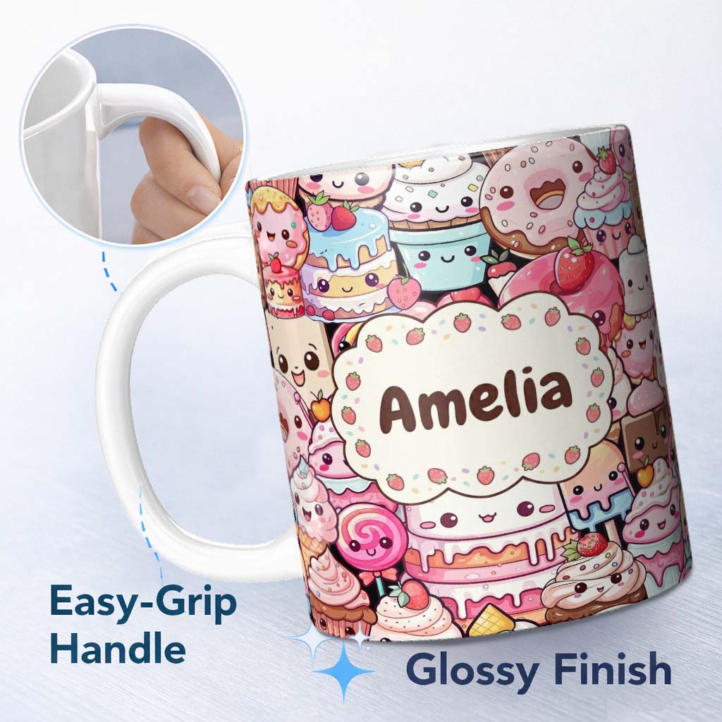 Personalized Custom Name Cute Cartoon Cakes Donuts and Milkshakes with Pastel Colors Seamless 11oz Ceramic Coffee Tea Mug White Large Handle