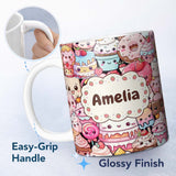 Personalized Custom Name Cute Cartoon Cakes Donuts and Milkshakes with Pastel Colors Seamless 11oz Ceramic Coffee Tea Mug White Large Handle