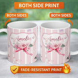 Personalized Custom Name Cute Watercolor Roses Bouquet with Red Ribbon Blush Pink Stripe 11oz Ceramic Coffee Tea Mug White Large Handle