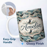 Personalized Custom Name Coastal Puffin Birds on Rocky Shore with Flowers Seamless Pattern 11oz Ceramic Coffee Tea Mug White Large Handle