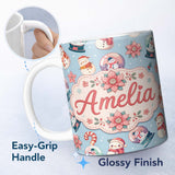 Personalized Custom Name Cute Snowman Snow Globe Poinsettia Flower Christmas Pattern Blue 11oz Ceramic Coffee Tea Mug White Large Handle