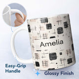 Personalized Custom Name Brush Stroke Texture Black Cream Vertical Abstract Pattern Lovely 11oz Ceramic Coffee Tea Mug White Large Handle