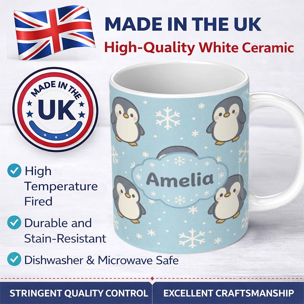 Personalized Custom Name Cute Winter Penguin Cartoon Animal Pattern Perfect Gift for Her 11oz Ceramic Coffee Tea Mug White Large Handle