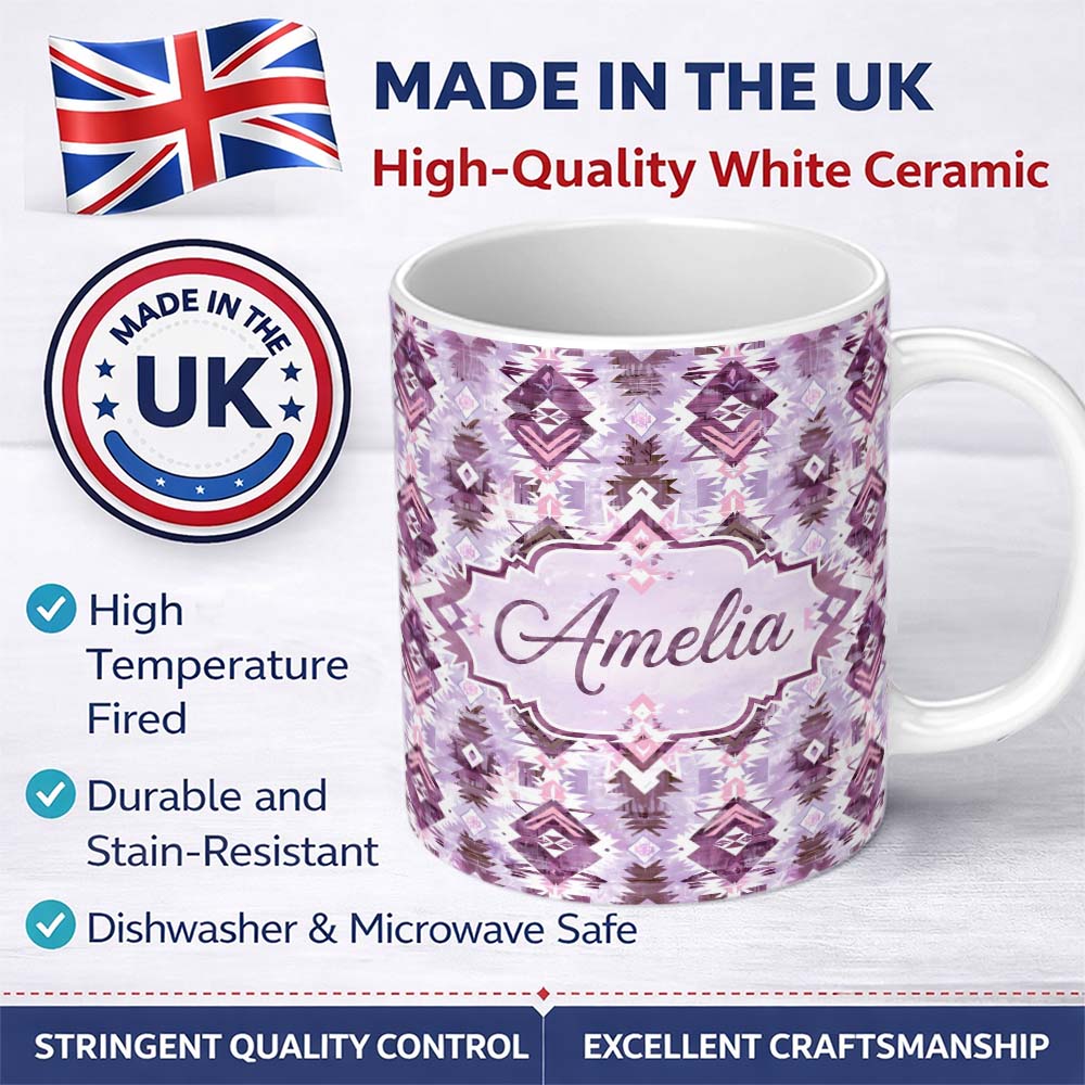 Personalized Custom Name Purple and Lilac Tribal Aztec Geometric Seamless Pattern Lovely 11oz Ceramic Coffee Tea Mug White Large Handle