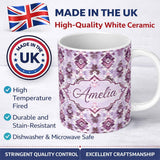 Personalized Custom Name Purple and Lilac Tribal Aztec Geometric Seamless Pattern Lovely 11oz Ceramic Coffee Tea Mug White Large Handle