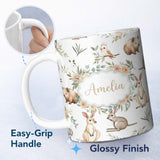 Personalized Custom Name Woodland Animals Koala Kangaroo Bear Floral Light Grey Seamless 11oz Ceramic Coffee Tea Mug White Large Handle