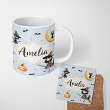 Personalized Custom Name Cute Halloween Witch Girl with Black Cats Moon and Stars Seamless 11oz Ceramic Coffee Tea Mug White Large Handle