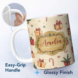 Personalized Custom Name Christmas Tree Candy Cane Gift Box Snowflakes Seamless Pattern 11oz Ceramic Coffee Tea Mug White Large Handle