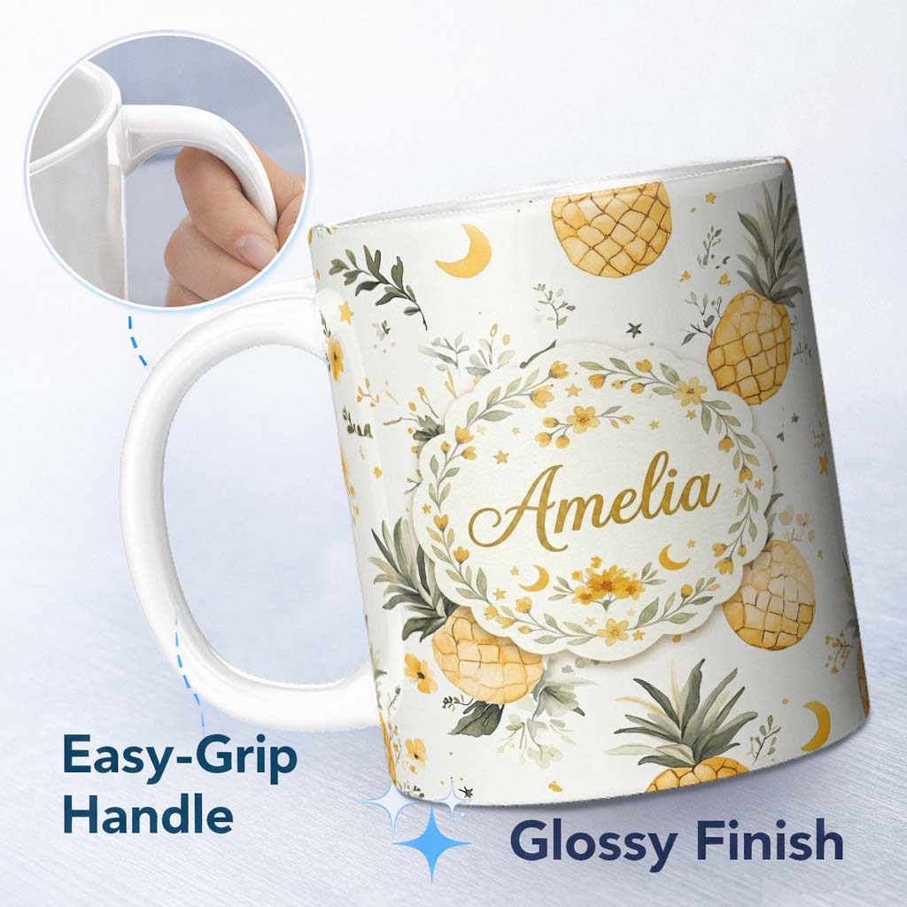 Personalized Custom Name Watercolor Pineapples with Soft Floral Botanical Pattern Seamless 11oz Ceramic Coffee Tea Mug White Large Handle