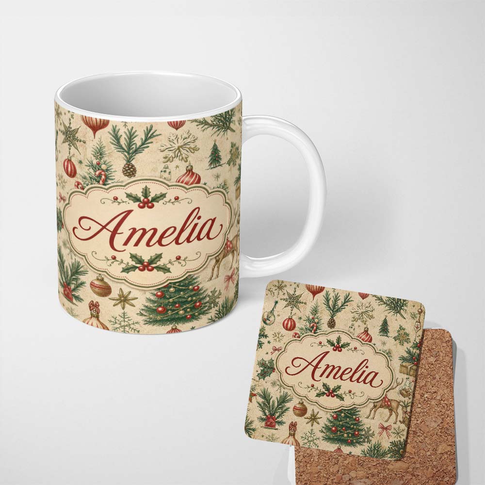 Personalized Custom Name Vintage Woodland Christmas Tree Animals Ornaments Holiday Design 11oz Ceramic Coffee Tea Mug White Large Handle