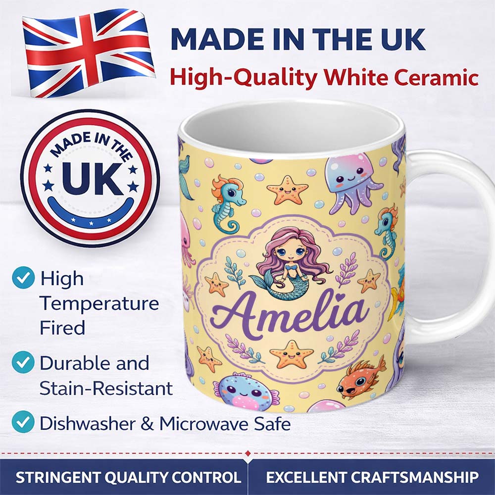 Personalized Custom Name Kawaii Mermaid and Sea Creatures Ocean Warm Beige Background Lovely 11oz Ceramic Coffee Tea Mug White Large Handle