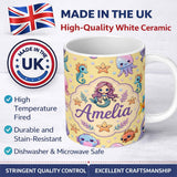 Personalized Custom Name Kawaii Mermaid and Sea Creatures Ocean Warm Beige Background Lovely 11oz Ceramic Coffee Tea Mug White Large Handle