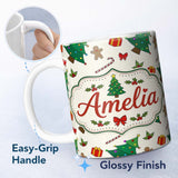 Personalized Custom Name Cute Christmas Trees with Gifts Candy Canes and Gingerbread Seamless 11oz Ceramic Coffee Tea Mug White Large Handle