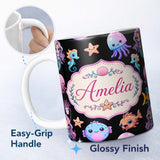 Personalized Custom Name Cute Kawaii Mermaid and Sea Creatures Seamless Ocean Pattern on 11oz Ceramic Coffee Tea Mug White Large Handle