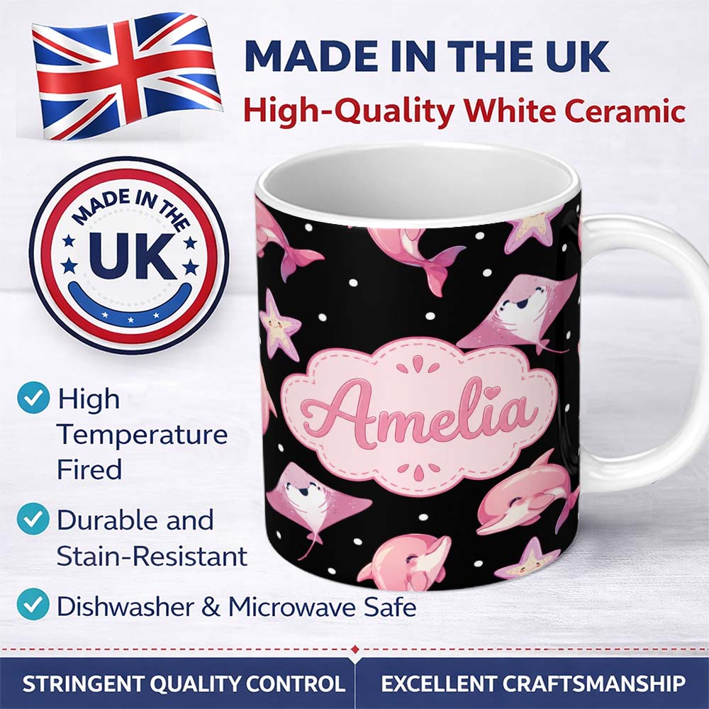 Personalized Custom Name Cute Pink Dolphins and Starfish Seamless Ocean Pattern Light Grey 11oz Ceramic Coffee Tea Mug White Large Handle