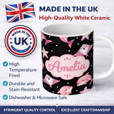 Personalized Custom Name Cute Pink Dolphins and Starfish Seamless Ocean Pattern Light Grey 11oz Ceramic Coffee Tea Mug White Large Handle