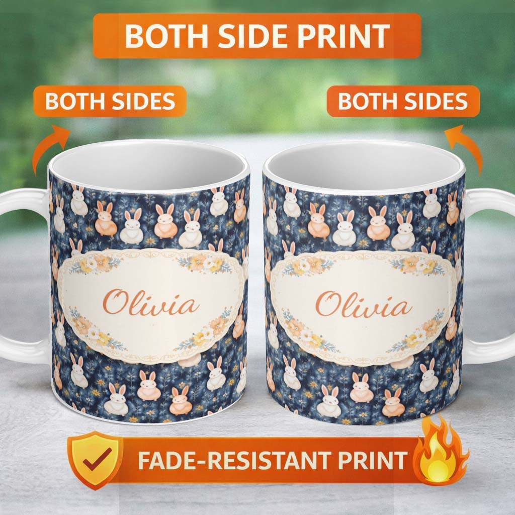 Personalized Custom Name Watercolor Bunny Meadow Floral Seamless Pattern Perfect Gift for Her 11oz Ceramic Coffee Tea Mug White Large Handle