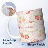 Personalized Custom Name Cute Watercolor Cherry Strawberry Daisy Flowers Pink Bow Soft Cream 11oz Ceramic Coffee Tea Mug White Large Handle