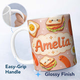 Personalized Custom Name Kawaii Breakfast Eggs Sausage and Sandwich Beige Seamless Pattern 11oz Ceramic Coffee Tea Mug White Large Handle