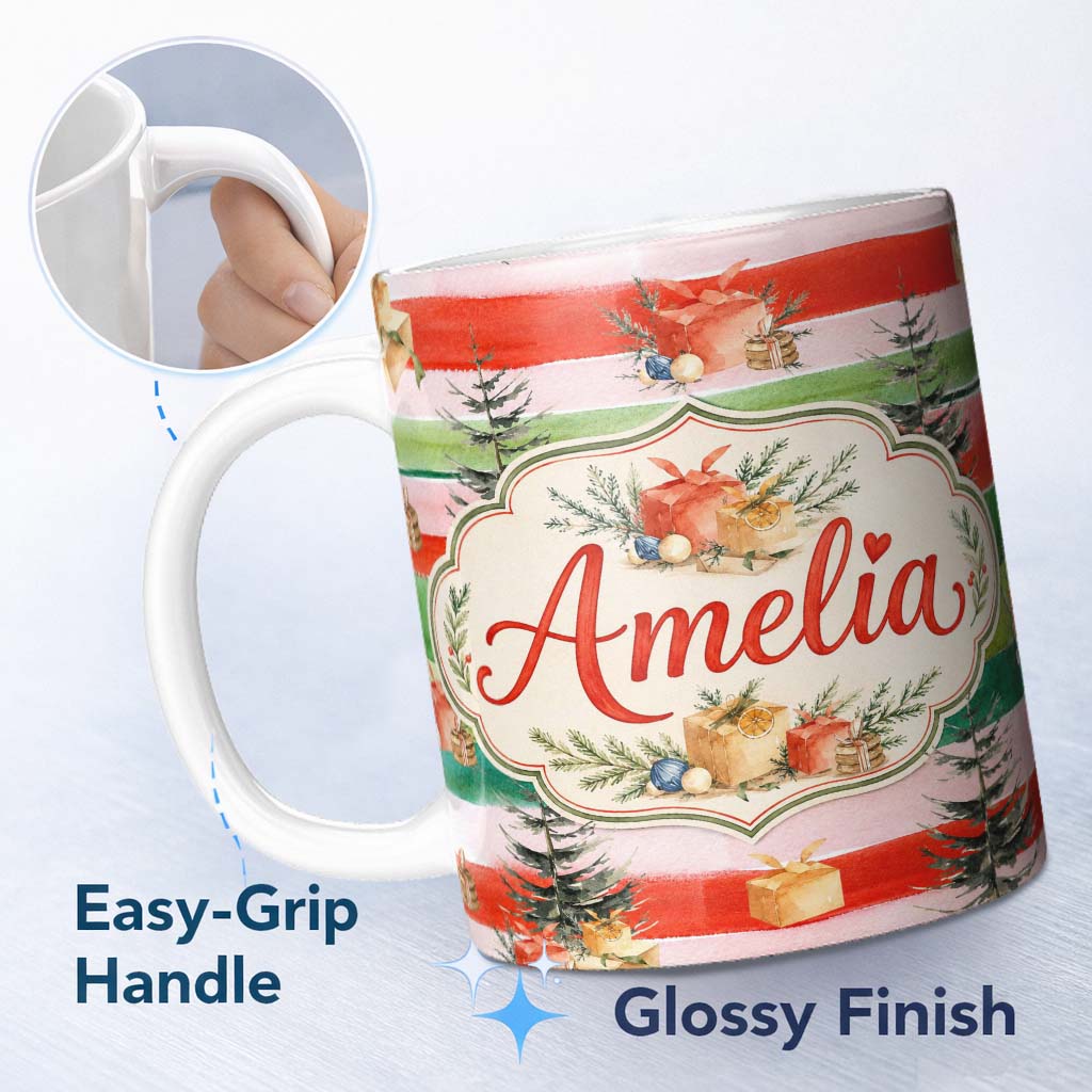 Personalized Custom Name Watercolor Christmas Gift Boxes Pine Trees Striped Holiday Seamless 11oz Ceramic Coffee Tea Mug White Large Handle