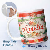 Personalized Custom Name Watercolor Christmas Gift Boxes Pine Trees Striped Holiday Seamless 11oz Ceramic Coffee Tea Mug White Large Handle