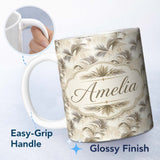 Personalized Custom Name Neutral Palm Leaf Silhouette Pattern in Soft Beige and Taupe Tones 11oz Ceramic Coffee Tea Mug White Large Handle