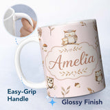 Personalized Custom Name Cute Woodland Owls Mushrooms and Leaves Soft Blush Background Lovely 11oz Ceramic Coffee Tea Mug White Large Handle