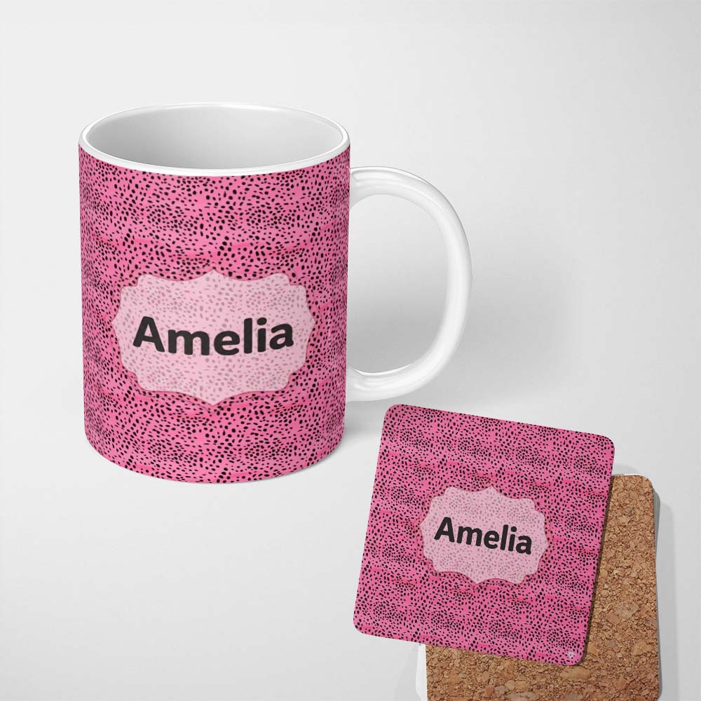 Personalized Custom Name Pink Dense Black Dot Seamless Pattern Bold Speckled Texture Design 11oz Ceramic Coffee Tea Mug White Large Handle