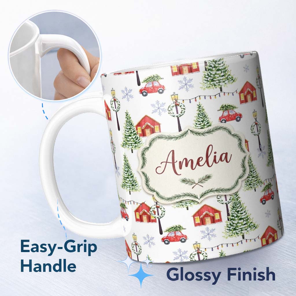 Personalized Custom Name Watercolor Christmas Village with Red Houses Cars and Snowy Trees 11oz Ceramic Coffee Tea Mug White Large Handle