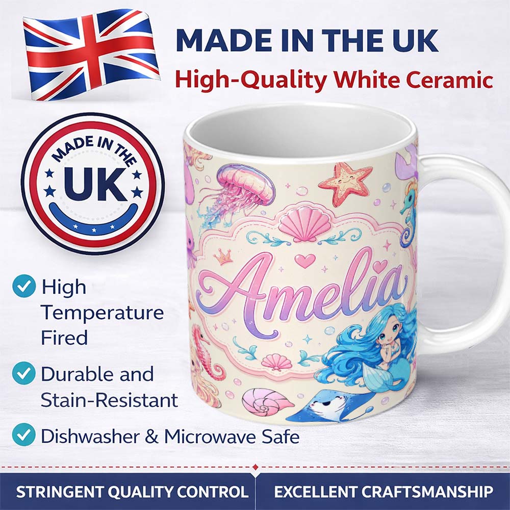 Personalized Custom Name Cute Blue Hair Mermaid Jellyfish Seahorse and Ocean Creatures Lovely 11oz Ceramic Coffee Tea Mug White Large Handle