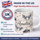 Personalized Custom Name Cute Baby Bats Flying with Stars Soft Beige Background Seamless 11oz Ceramic Coffee Tea Mug White Large Handle
