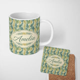 Personalized Custom Name Tropical Palm Leaf Botanical Pattern in Green and Mustard Tones 11oz Ceramic Coffee Tea Mug White Large Handle