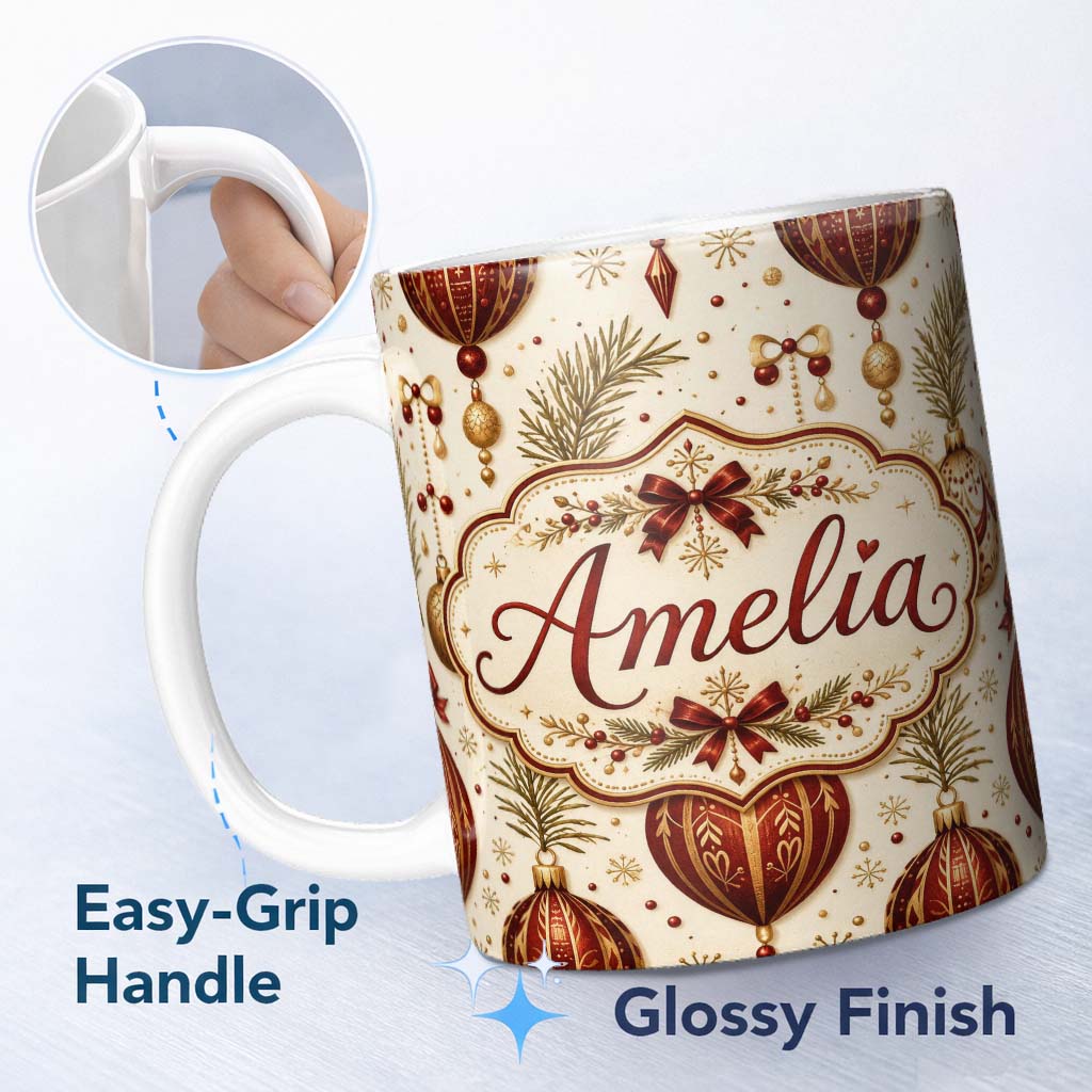 Personalized Custom Name Vintage Christmas Bells Holly Leaves Pine Branches and Festive 11oz Ceramic Coffee Tea Mug White Large Handle