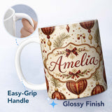 Personalized Custom Name Vintage Christmas Bells Holly Leaves Pine Branches and Festive 11oz Ceramic Coffee Tea Mug White Large Handle