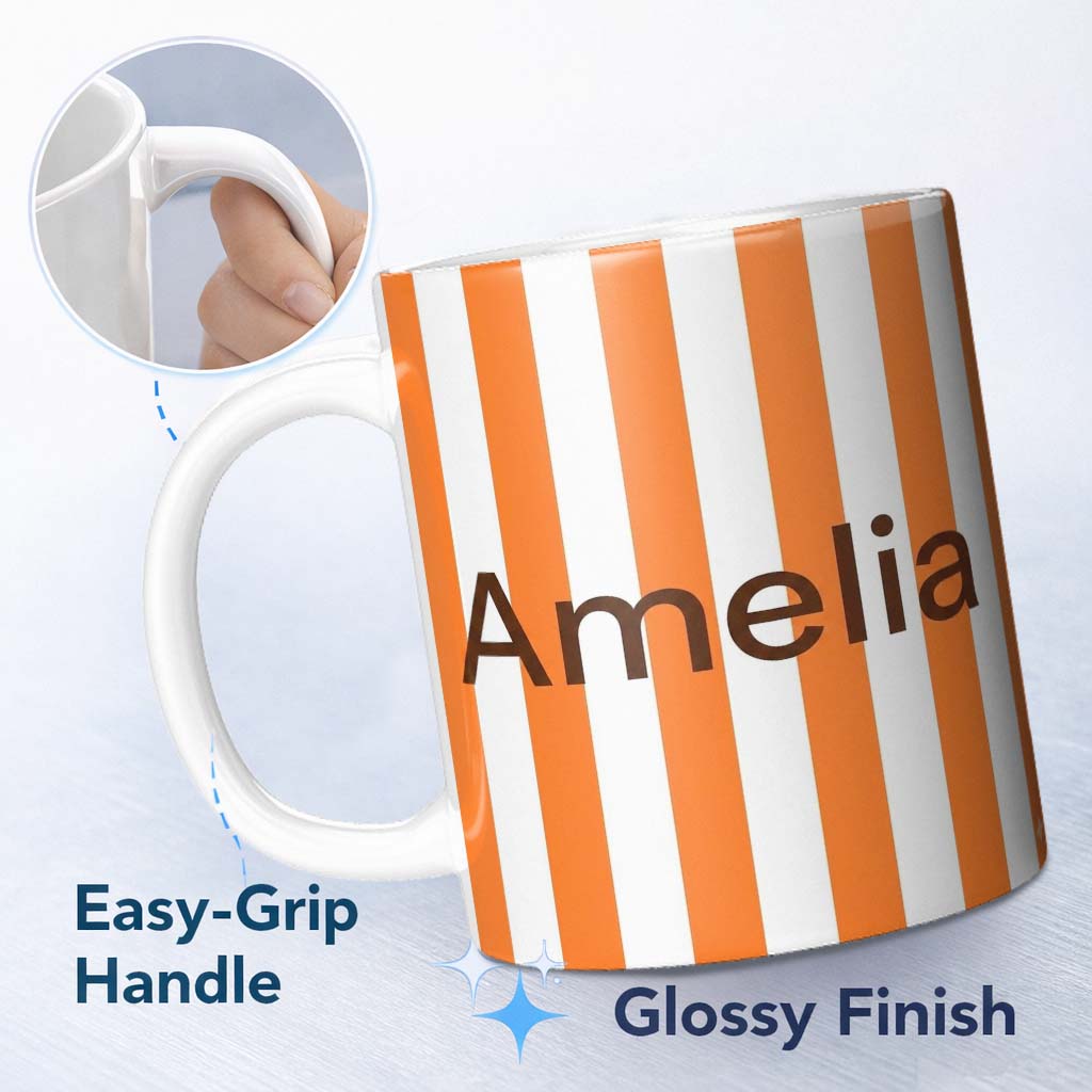 Personalized Custom Name Simple Orange And White Vertical Stripe Seamless Pattern Minimal 11oz Ceramic Coffee Tea Mug White Large Handle