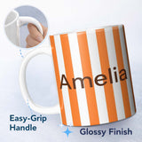 Personalized Custom Name Simple Orange And White Vertical Stripe Seamless Pattern Minimal 11oz Ceramic Coffee Tea Mug White Large Handle