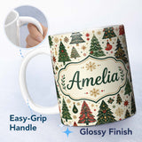 Personalized Custom Name Decorative Christmas Tree Motifs with Snowflakes and Starbursts 11oz Ceramic Coffee Tea Mug White Large Handle