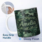 Personalized Custom Name Deep Forest Green Camouflage Modern Seamless Pattern Lovely 11oz Ceramic Coffee Tea Mug White Large Handle