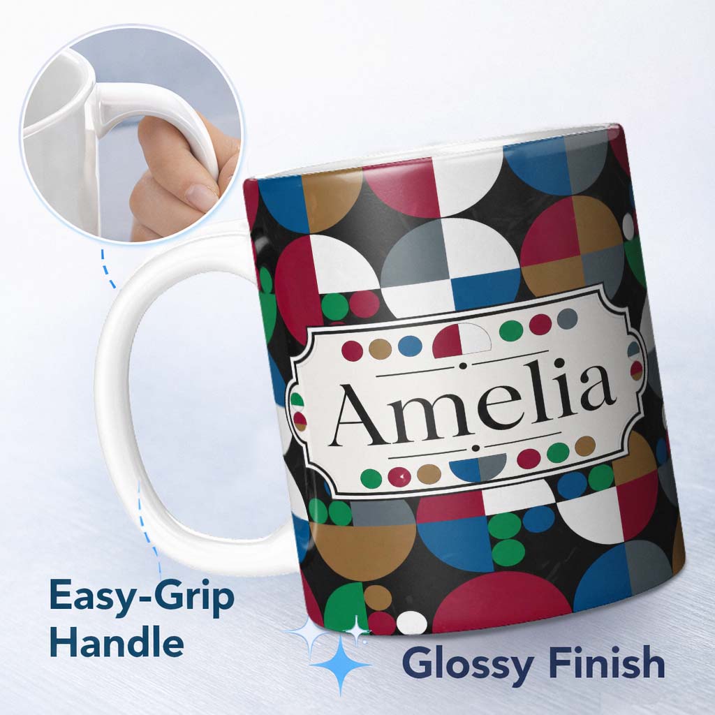 Personalized Custom Name Abstract Geometric Circle Pattern with Bold Colors Cute Unique Gift 11oz Ceramic Coffee Tea Mug White Large Handle
